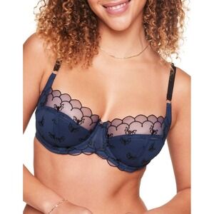 Adore Me Women's Bettie Contour Balconette Bra Womens 34DD Blue Bat Embroidered